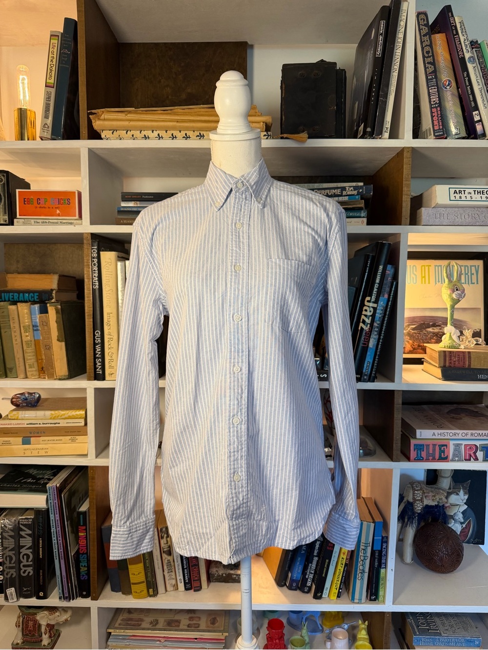 Brandy Melville Men's White and Light Blue Pinstripe Button-Down Shirt